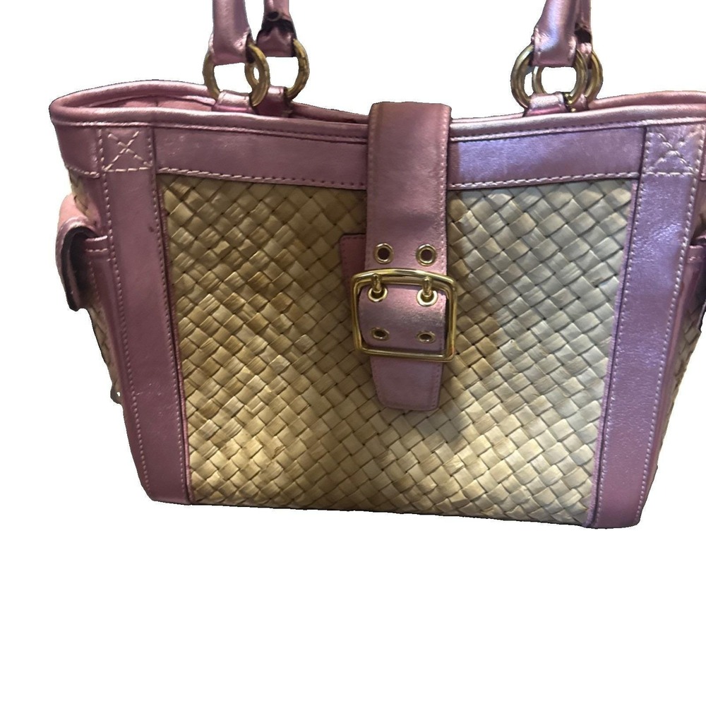 Coach Vintage Pink Basket Leather Tote Bag Purse Straw